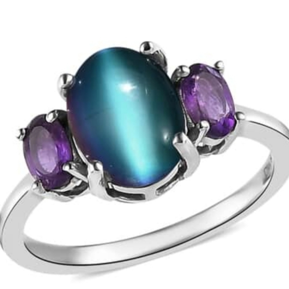 Aurora Moonstone & Amethyst Ring Platinum over Sterling Silver Sz 8! 💫
